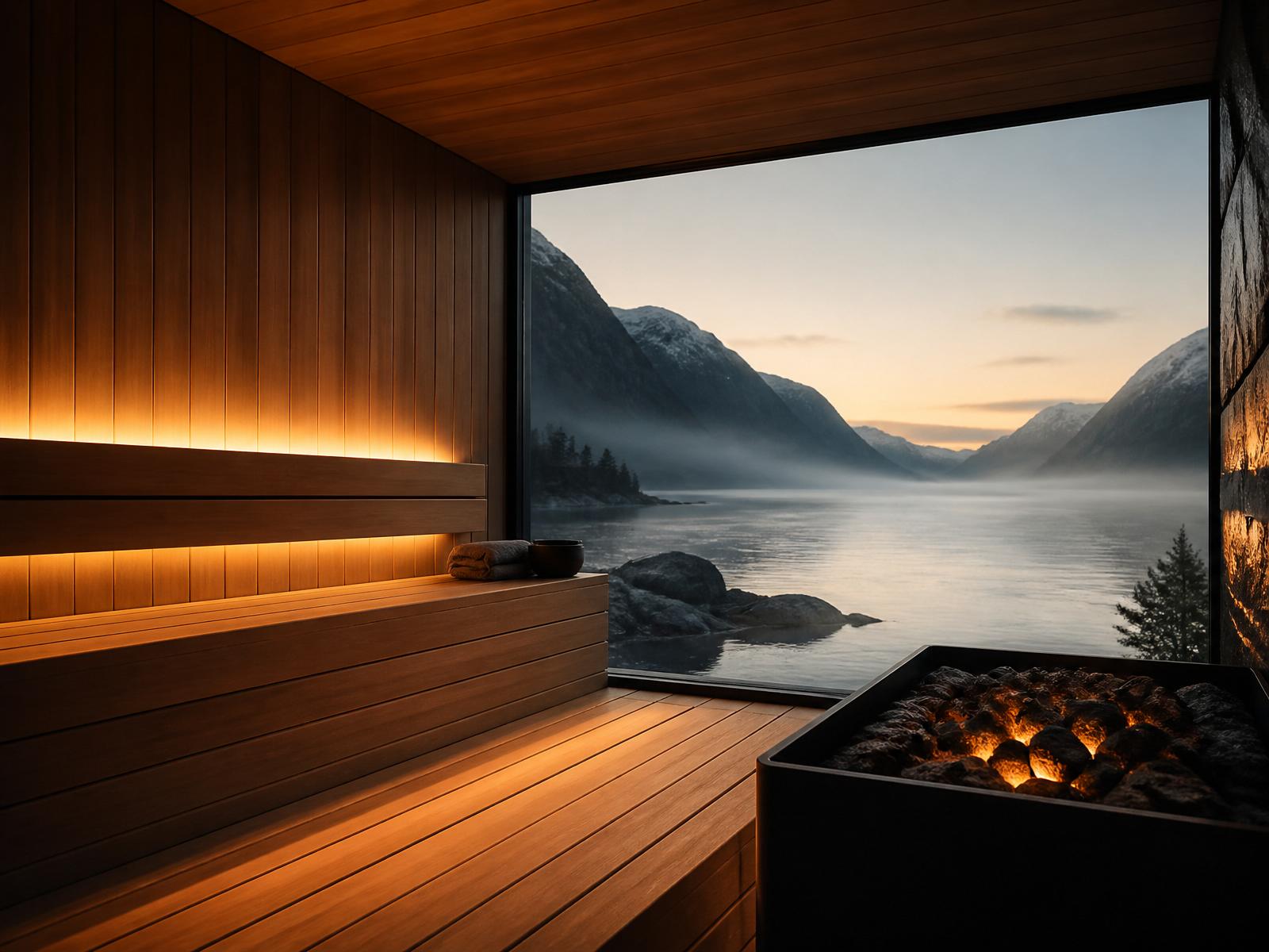 Interiør i Villa Fagertun - Sauna med stor utsiktsrute mot fjorden ved daggry